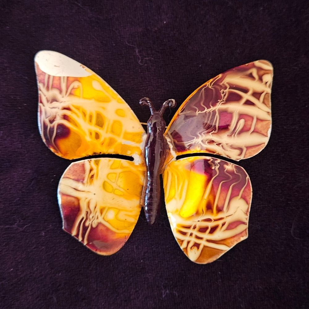 Whimsical Butterfly Brooch Pin in Yellow and Brown Vintage 70s